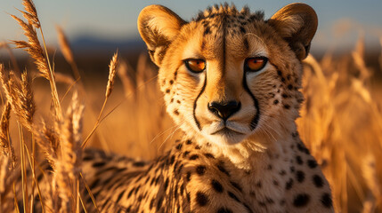 cheetah in serengeti national park, close up of cheetah in savanna plains, generative ai