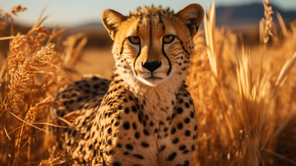 cheetah in serengeti national park, close up of cheetah in savanna plains, generative ai