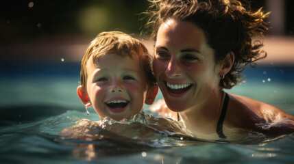 Fototapeta na wymiar Summer joy fills the pool, a radiant mother guides her gleeful son, taking his first strokes. Their laughter rings, echoing warmth and love. Generative AI