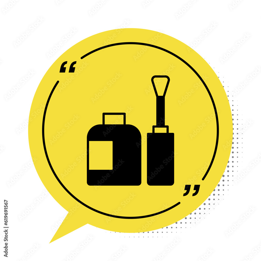 Poster Black Bottle of nail polish icon isolated on white background. Yellow speech bubble symbol. Vector