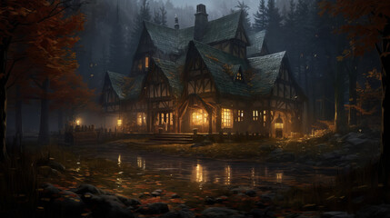 Fototapeta na wymiar Old house with glowing windows in dark forest, generative ai