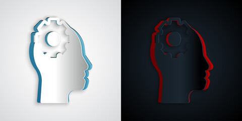 Paper cut Human head with gear inside icon isolated on grey and black background. Artificial intelligence. Thinking brain. Symbol work of brain. Paper art style. Vector