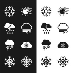 Set Windy weather, Cloud with rain and lightning, Snowflake, Fog sun, snow and icon. Vector