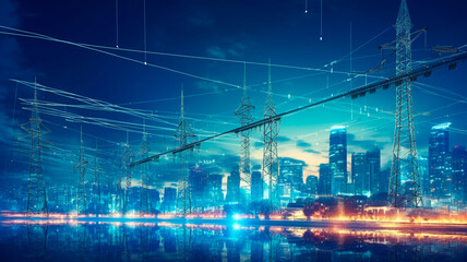 High power electricity poles in urban area connected to smart grid. Energy supply, distribution of energy, transmitting energy, energy transmission, high voltage supply concept photo. Generative AI - obrazy, fototapety, plakaty