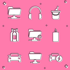 Set FTP folder, Headphones, Bottle of wine in bucket, Bottles, settings and Burning candle icon. Vector