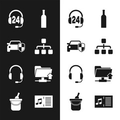 Set Hierarchy organogram chart, Car protection insurance, Headphone for support, Bottle of wine, Headphones with microphone and FTP folder upload icon. Vector