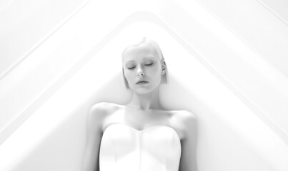A slim woman, the epitome of futuristic perfection, resides in a spaceship. Her android form, pristine and white, exemplifies technological beauty. Generative AI