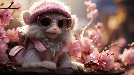Obraz premium cute and sweet white monkey with glasses and hat, generative ai