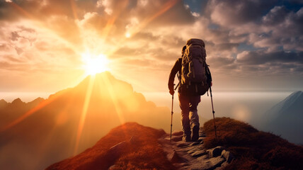 Hiker goes against sky and sun. Hiking concept created. Generative AI