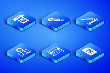 Set File document, T-shirt, Plotter, Binder clip, Stationery knife and Paper cutter icon. Vector