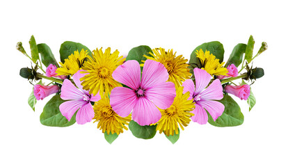 Floral arrangement with field bindweed flowers and yellow dandelions isolated on white or transparent background