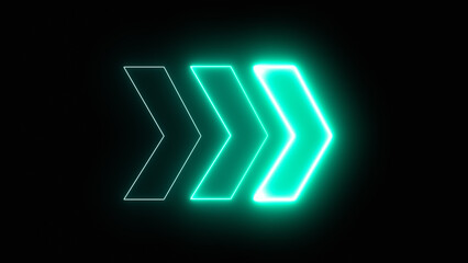 Neon glowing arrow pointer on dark background. Colorful and shining retro light sign. 3D rendering of glowing neon arrows on a black background. Flashing direction indicators.