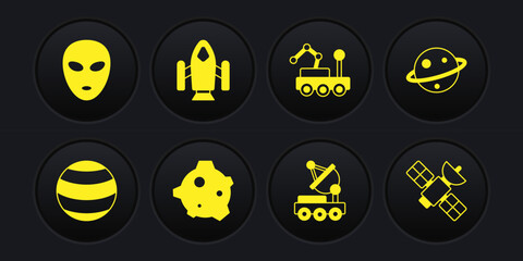 Set Planet, Saturn, Asteroid, Mars rover, Rocket ship, Satellite and Alien icon. Vector