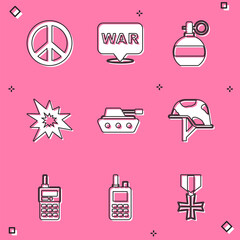 Set Peace, The word war, Hand grenade, Bomb explosion, Military tank, helmet, Walkie talkie and icon. Vector