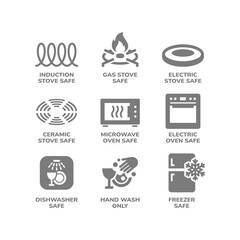 Electric, gas and induction stove safe icon set. Dishwasher, microwave, electric safe labels for pots, pans and dishes.
