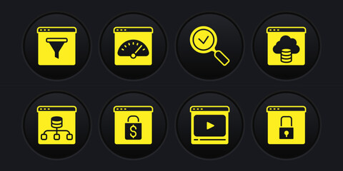 Set Server, Cloud technology data transfer, Online shopping on screen, play video, Magnifying glass with check mark, Digital speed meter, Secure your site HTTPS, SSL and Browser window icon. Vector