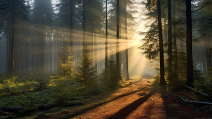 Obraz premium misty morning in the forest,morning with fog in a forest, generative ai