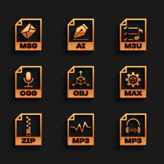 Set OBJ file document, MP3, , MAX, ZIP and OGG icon. Vector