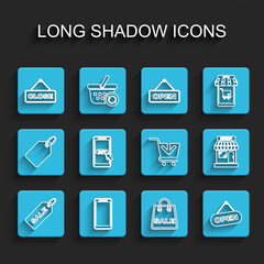 Set line Price tag with Sale, Smartphone, mobile phone, Hanging sign Close, Shopping bag, Open door, Mobile and shopping cart, Market store and Add icon. Vector