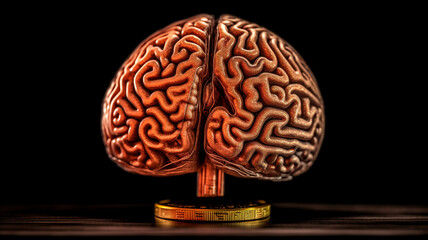 Human brain close-up powered by Bitcoin. Generative AI
