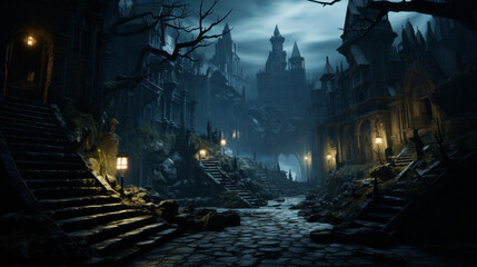 Obraz premium night in the forest, abandon dark castle at night, genrative ai