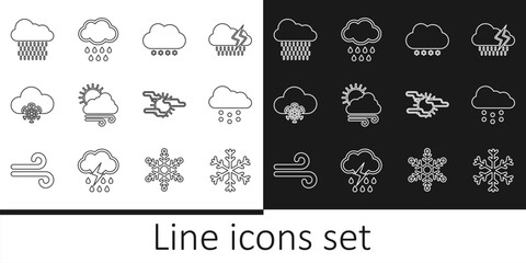 Set line Snowflake, Cloud with snow, Windy weather, rain, Fog and sun and icon. Vector