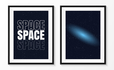 Outerspace photo print with frames. Abstract wall arts. Poster template set. Home decoration pictures. Vector illustration.