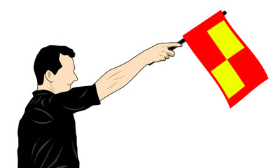 The football referee raises the flag indicating that the football player is in an offside game
