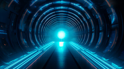 illustration, tunnel futuristic with digital virtual database, website header. Generative AI