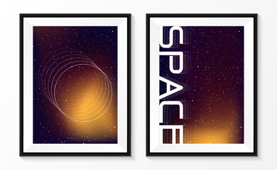 Outerspace photo print with frames. Abstract wall arts, Poster template set, Home decoration pictures, Gradient background, Vector illustration.