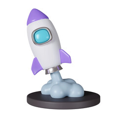 3d Flying space rocket. Spaceship rocket lunch. icon isolated on purple background. 3d rendering illustration. Clipping path.