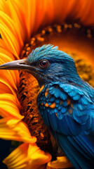 Fototapeta premium blue and yellow macaw, sunflower with bird, generative ai