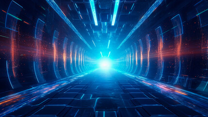 illustration, tunnel futuristic with digital virtual database, website header. Generative AI
