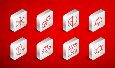 Set line Sunrise, Earth globe and sun, Eclipse of the, Sunset, Calendar, Snowflake, and Moon stars icon. Vector