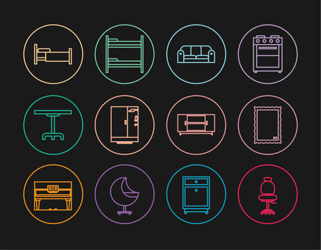 Set line Office chair, Picture, Sofa, Shower cabin, Round table, Bed, TV stand and Bunk bed icon. Vector