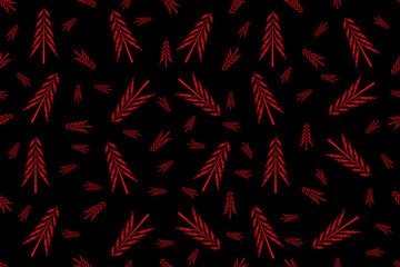 Style Design of Christmas Wrapping Paper with red fir. Endles ornament with Spruce. Monochrome seamless pattern with pine. Hand drawn xmas tree backdrop. Vector illustration.