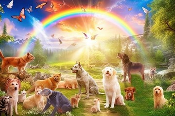 concept of animals in a serene and idyllic setting after passing away, in a magical woodland with fluffy clouds, colorful bridge, warm rays of sunlight. Animals existing in eternal love. AI-generated