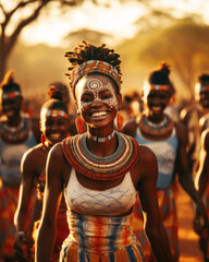 Botswana's people, vibrant in tribal costumes, with feathers and painted faces, joyously celebrate their rich folklore traditions. Generative AI
