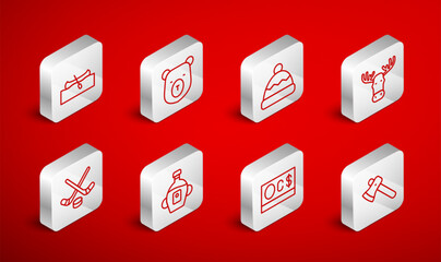 Set line Wooden axe, Bear head, Beanie hat, Moose with horns, Canadian dollar, Kayak canoe, Maple syrup and Ice hockey sticks and puck icon. Vector