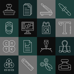 Set line Ink bottle, Binder clip, Text, Paper cutter, Computer monitor screen, Paint bucket, Stamp and shopping bag icon. Vector