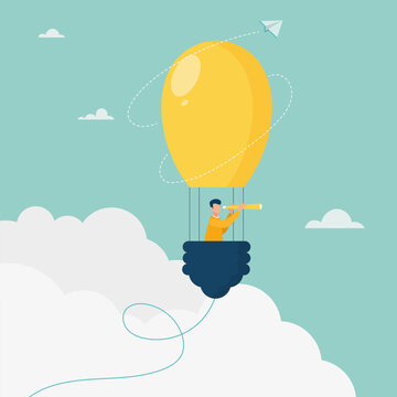 Businessman looking for opportunities in a light bulb on a hot air balloon, business concept. Vector flat style illustration. © STANISLAV