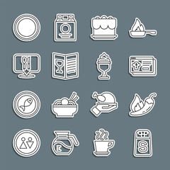 Set line Salt, Hot chili pepper pod, Online ordering and delivery, Cake, Restaurant cafe menu, Cafe restaurant location, Plate and Ice cream bowl icon. Vector