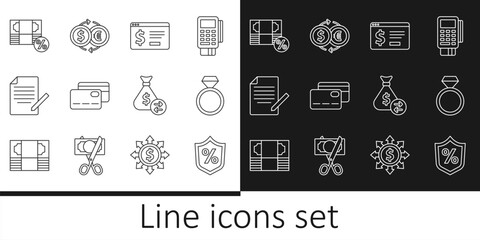 Set line Loan percent, Diamond engagement ring, Online banking with dollar, Credit card, Document and pen, Money, bag and exchange icon. Vector