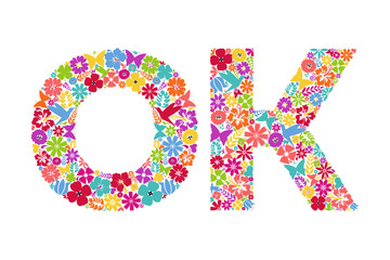 OK icon. Floral symbols forming the word OK. Floral ornament in the form of letters O and K.