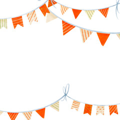Obraz premium Template for postcard with orange garlands with pennants. Kids celebration - baby shower, birthday, gender party. Digital watercolor