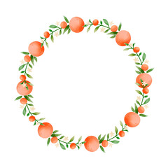 Сircle vintage fruits frame with oranges, and flowers for a template, print, and label. Digital watercolor design
