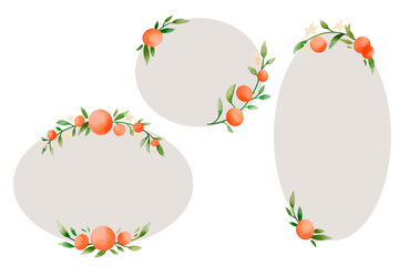 Vintage fruits frame for a template, print, and label. Digital watercolor design. Oval shape