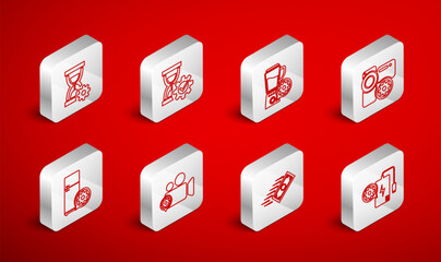 Set line Power bank setting, Hourglass, Blender with bowl, Video camera, Fast payments, and Refrigerator icon. Vector