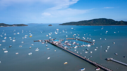 Aerial view of the yacht club.Yacht parking, A marina lot, Yacht and sailboat is moored at the...