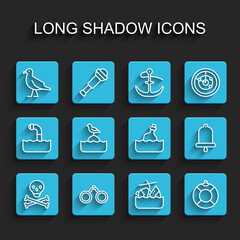 Set line Skull on crossbones, Binoculars, Bird seagull, Sinking cruise ship, Lifebuoy, Seagull sits, Ship bell and Bottle with message water icon. Vector
